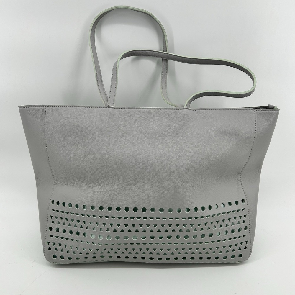 Bath & Body Works Large Gray Faux Leather Tote Bag Mint Green‎ Lined Minimalist